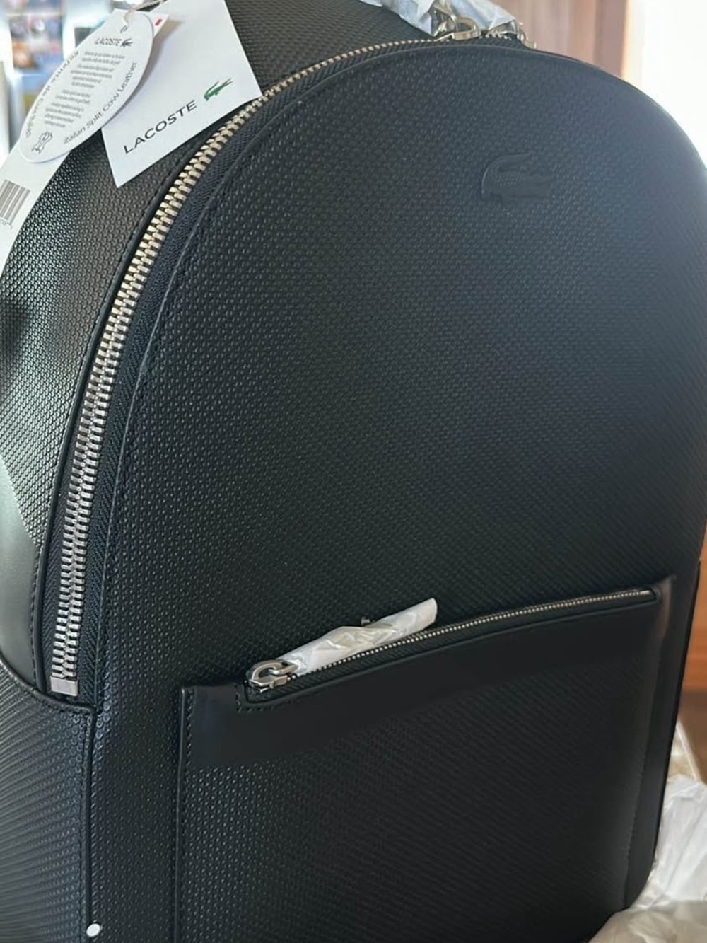 Lacoste Black Textured Leather-Effect Backpack with Silver Hardware